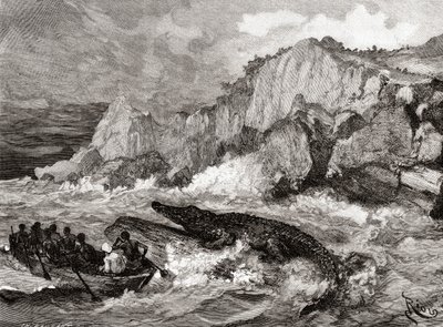 Giant Crocodile Threatens a Boat on the Congo River During a 19th Century Expedition, from 
